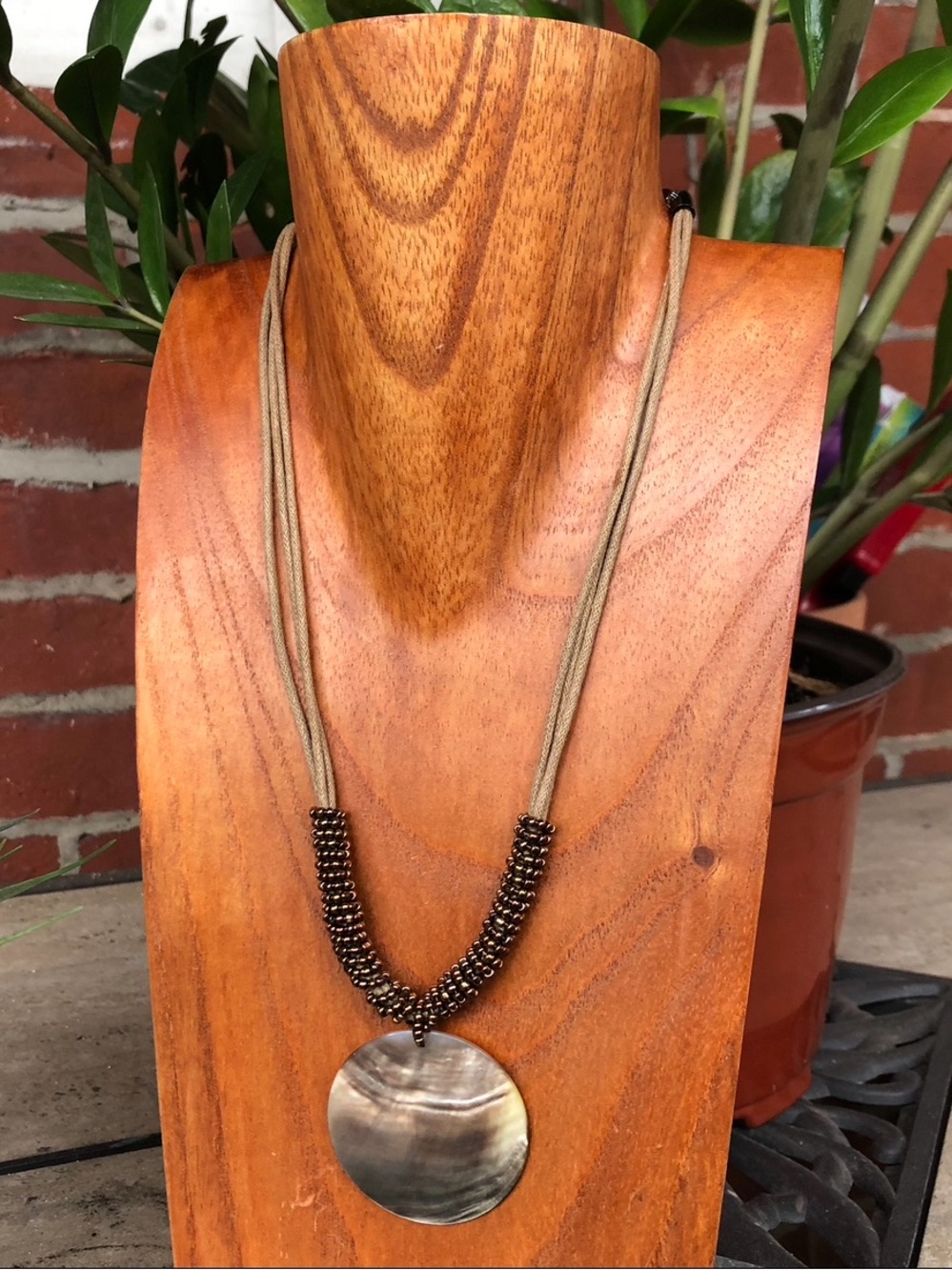 Lia Sophia Brown Beaded Cord Necklace with Iridescent Shell Disc